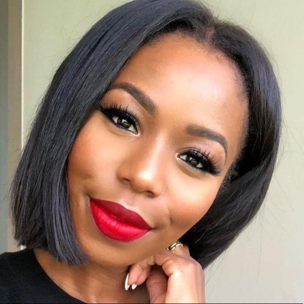 - 8” SHORT BLACK BOB HUMAN HAIR STRAIGHT LACE-FRONT